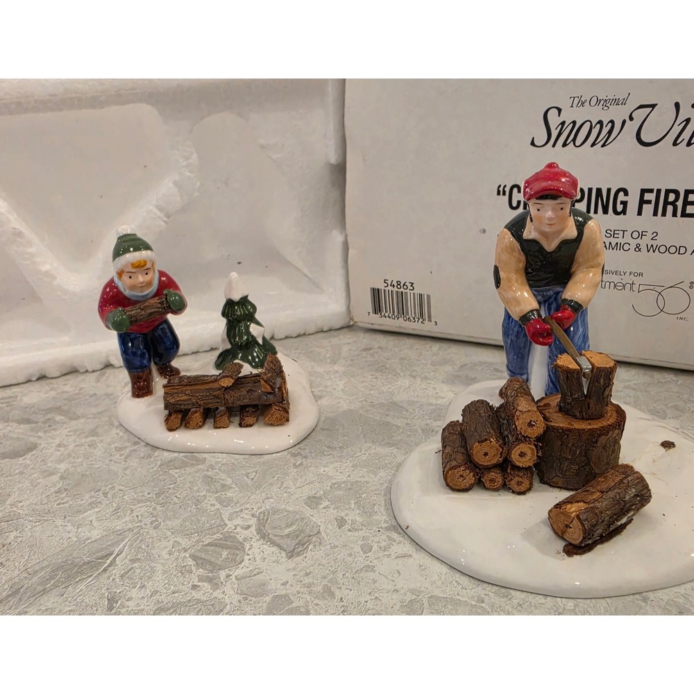 Dept 56 Snow Village Chopping Firewood Set of 2 Ceramic Wood Accessories 54863